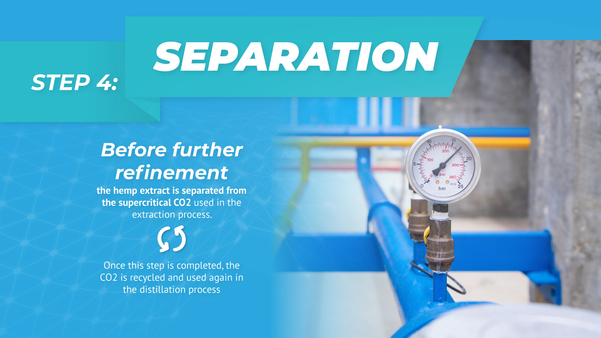 SEPARATION Before further refinement, the hemp extract is separated from the supercritical CO2 used in the extraction process. Once this step is completed, the CO2 is recycled and used again in the distillation process.